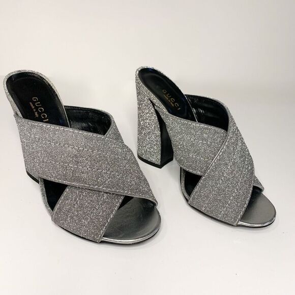 Gucci Webby Mules EU 36.5 US 6.5 Silver Glitter Block Heel Criss Cross Sandals